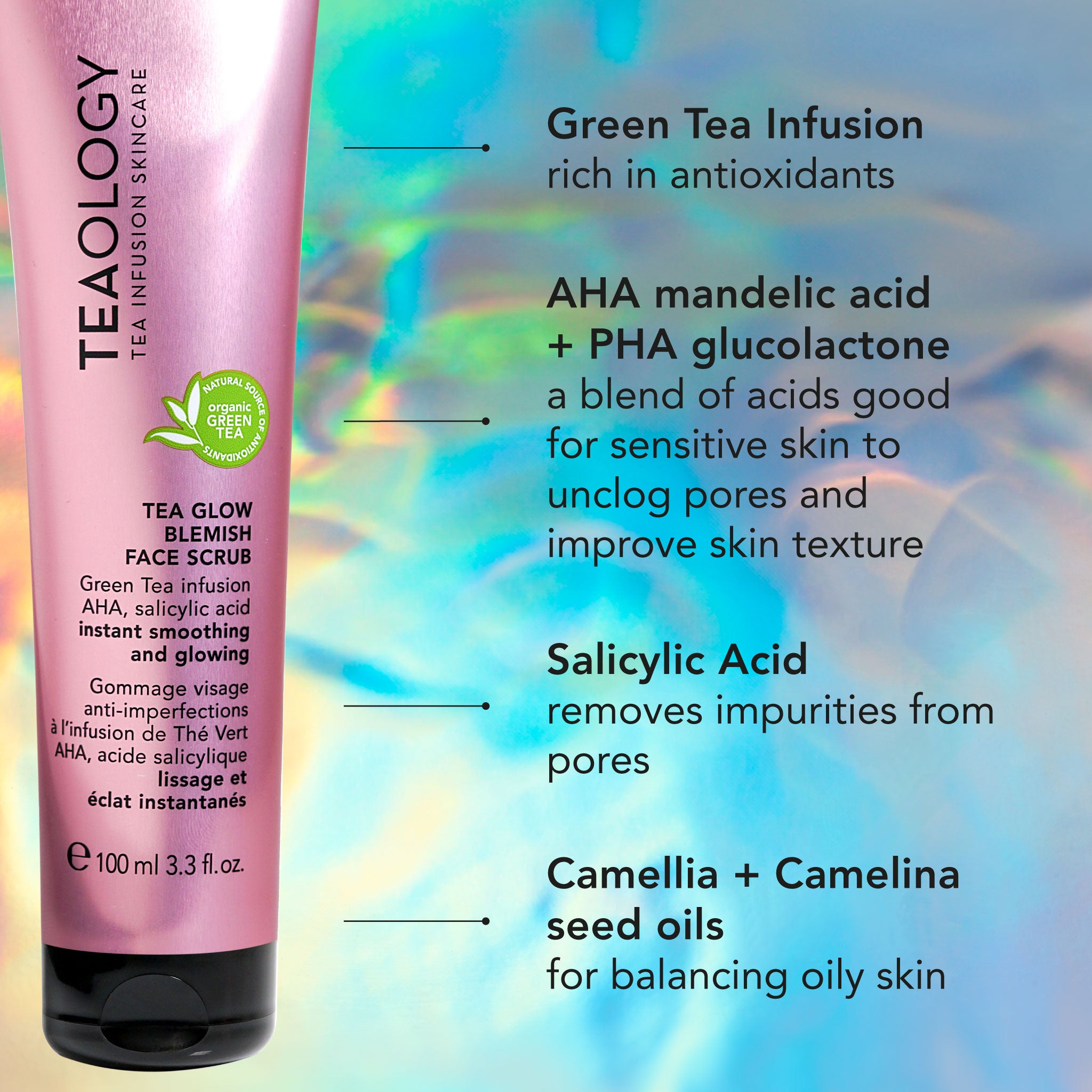 Tea Glow scrub esfoliante viso anti-imperfezioni con infuso di tè verde, AHA + BHA +PHA, micro-particelle esfolianti di bambù
Leviga e illumina istantaneamente la pelle