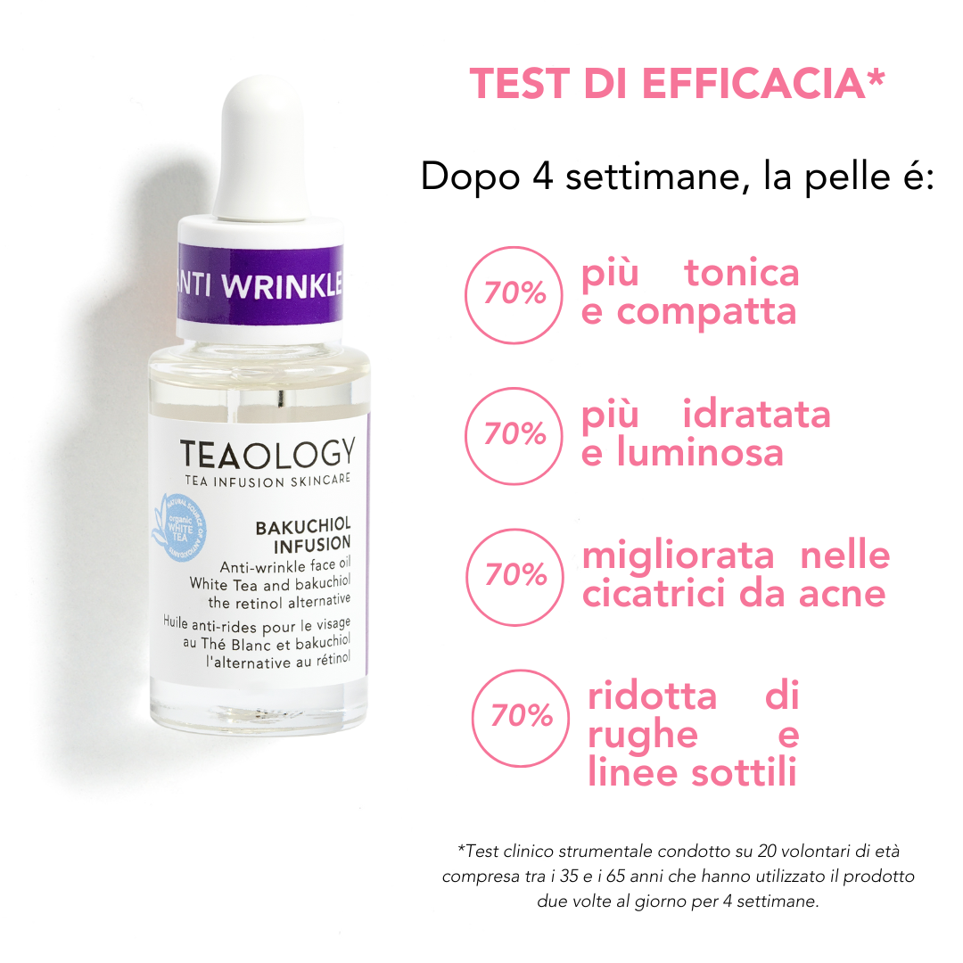 Bakuchiol Infusion è un siero oleoso antirughe con Tè Bianco e una dose ottimale di Bakuchiol, la molecola vegetale alternativa al retinolo.