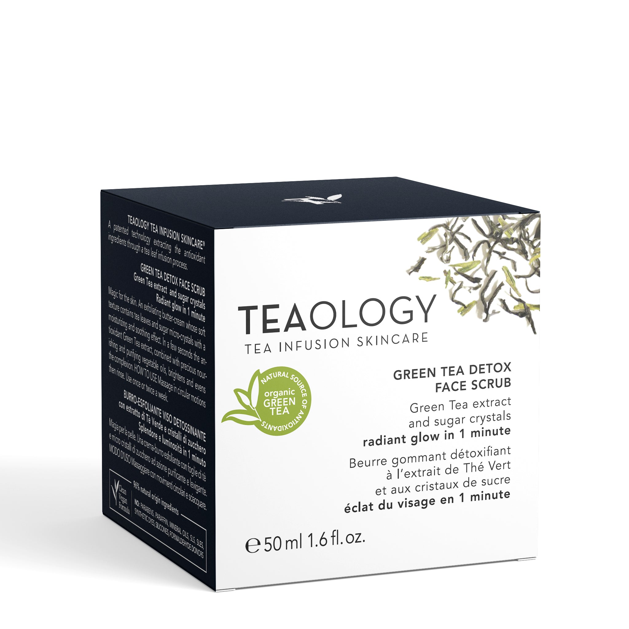 Scrub crema-burro viso con estratto di Tè verde Bio, foglie di tè e cristalli di zucchero ad azione detossinante e illuminante.