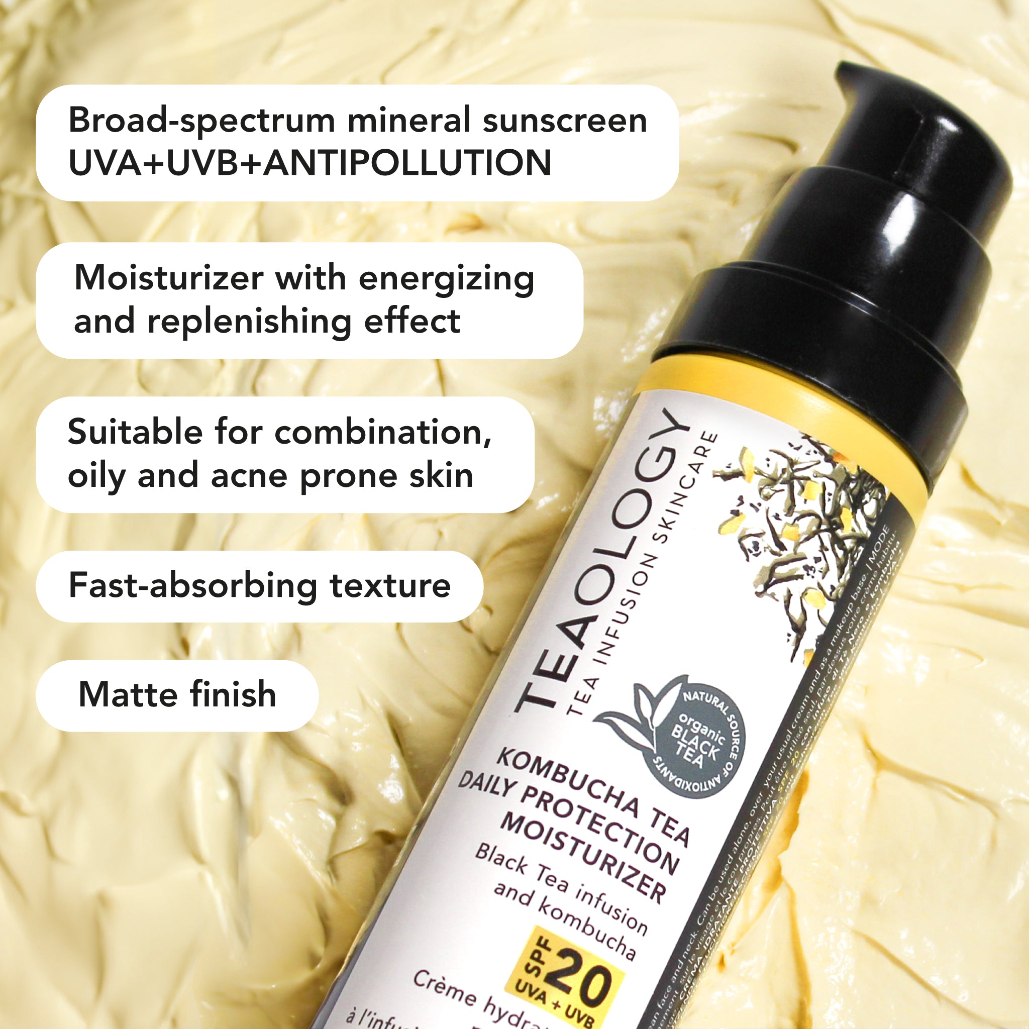Kombucha Tea Crema Idratante Protettiva SPF 20 con infuso di Tè Nero e kombucha | 100% filtro minerale UVA +UVB ad ampio spettro