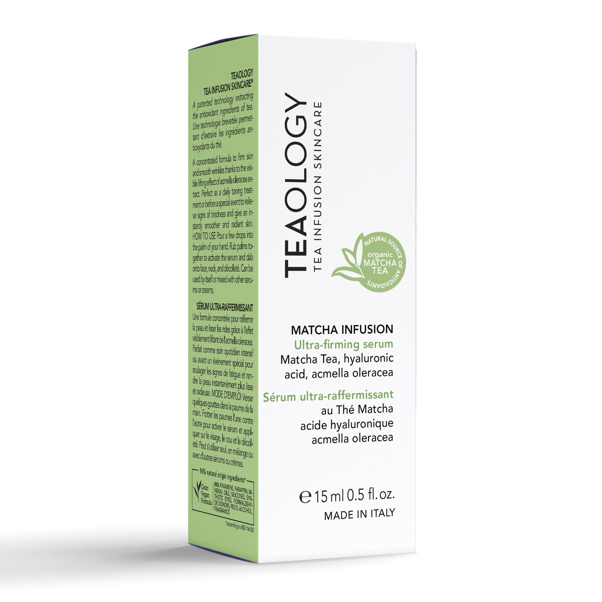 Siero Matcha infusion rassodante ad effetto lifting immediato con Acmella Oleracea, infuso di Tè Matcha e acido ialuronico molecolare.