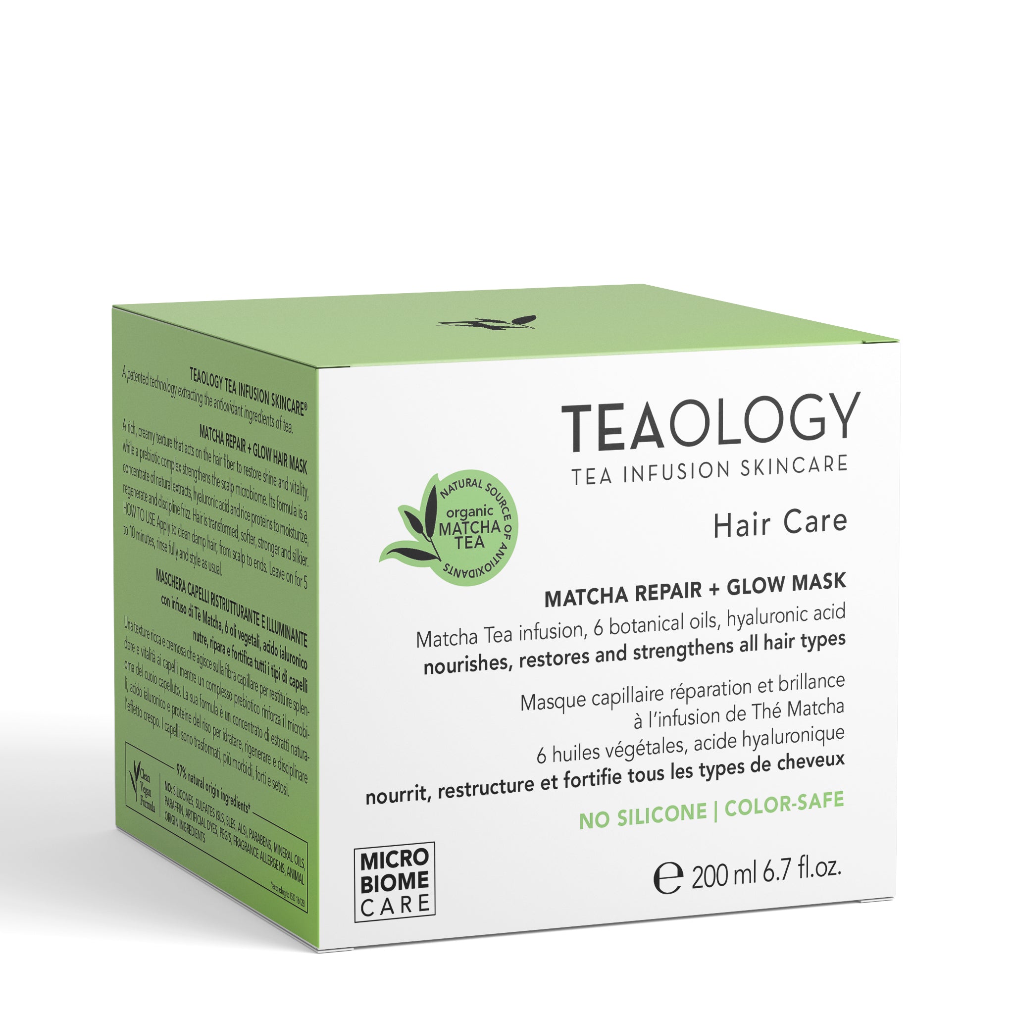 Maschera capelli ristrutturante e illuminante con infuso di tè matcha, 6 oli vegetali e acido ialuronico