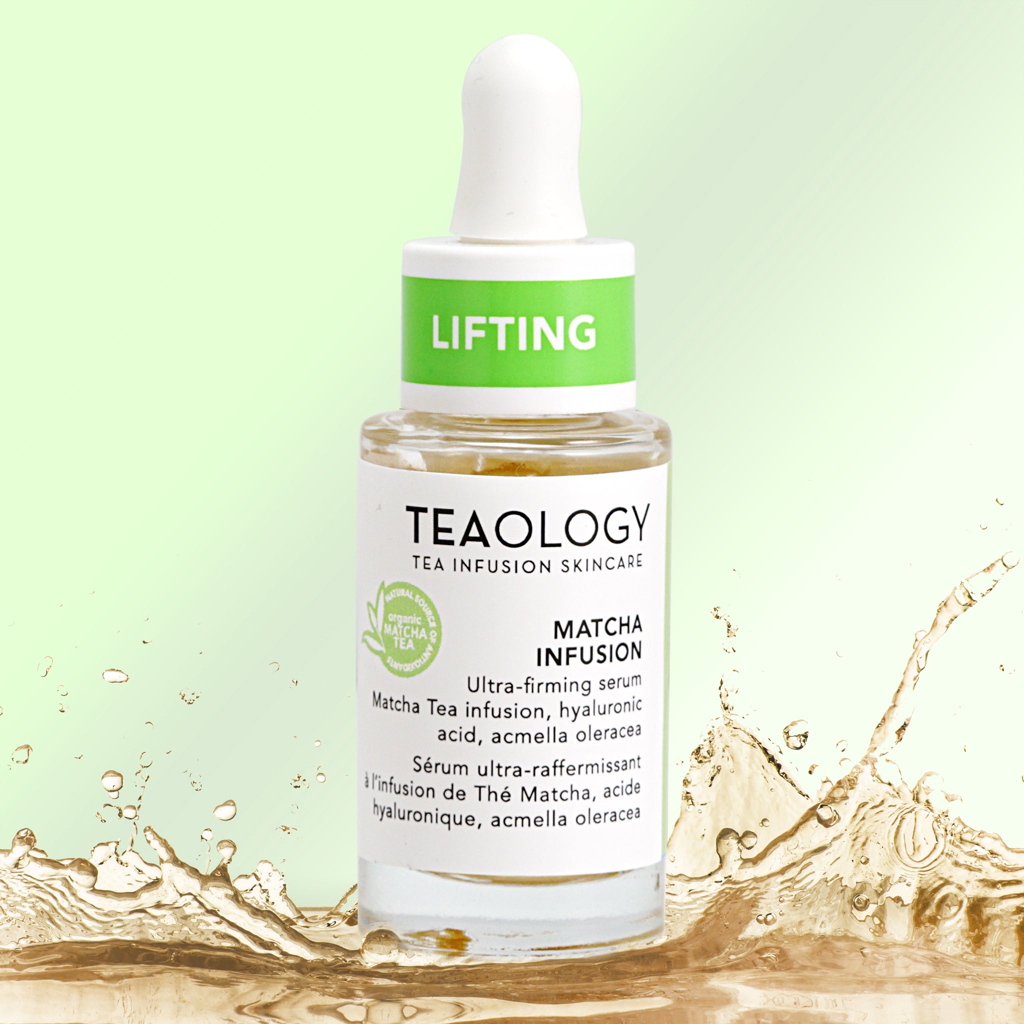 Siero Matcha infusion rassodante ad effetto lifting immediato con Acmella Oleracea, infuso di Tè Matcha e acido ialuronico molecolare.