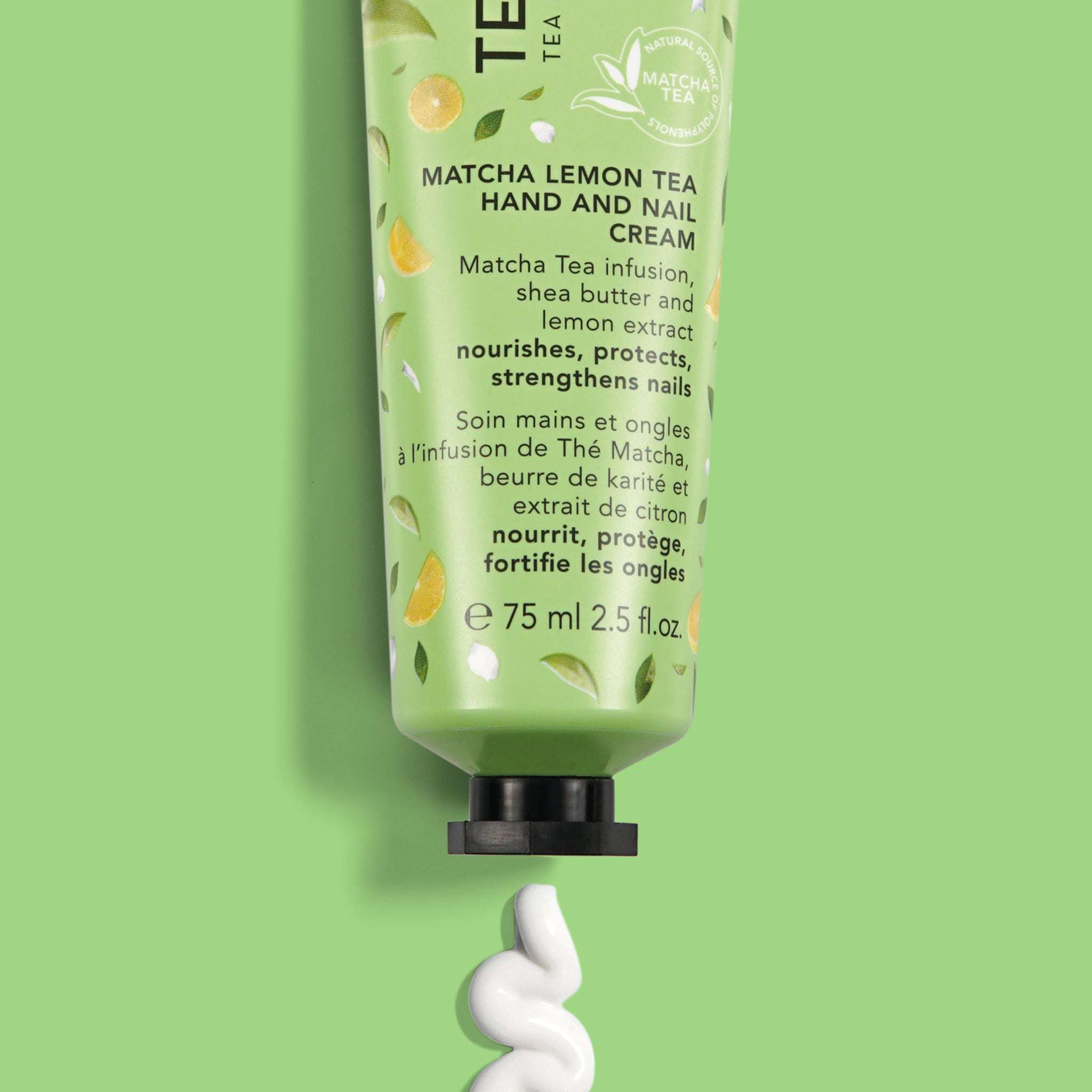 Crema mani idratante con infuso di Tè Matcha Bio, burro di Karité ed estratto di limone, nutre, protegge e rinforza le unghie.