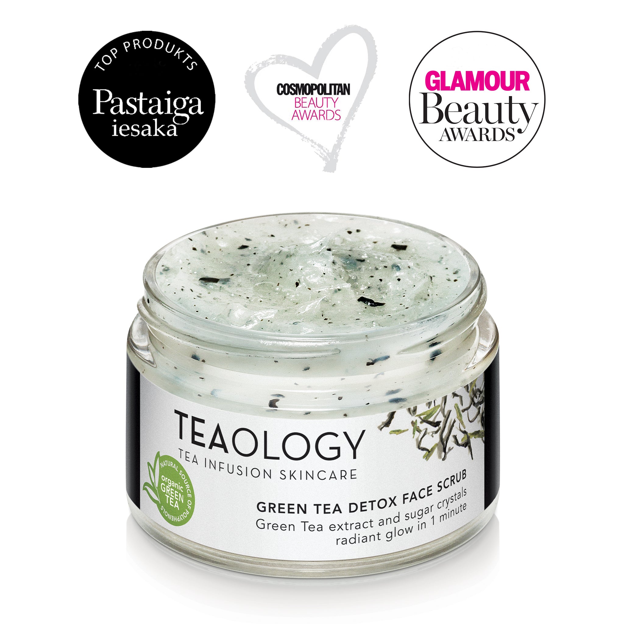 Scrub crema-burro viso con estratto di Tè verde Bio, foglie di tè e cristalli di zucchero ad azione detossinante e illuminante.