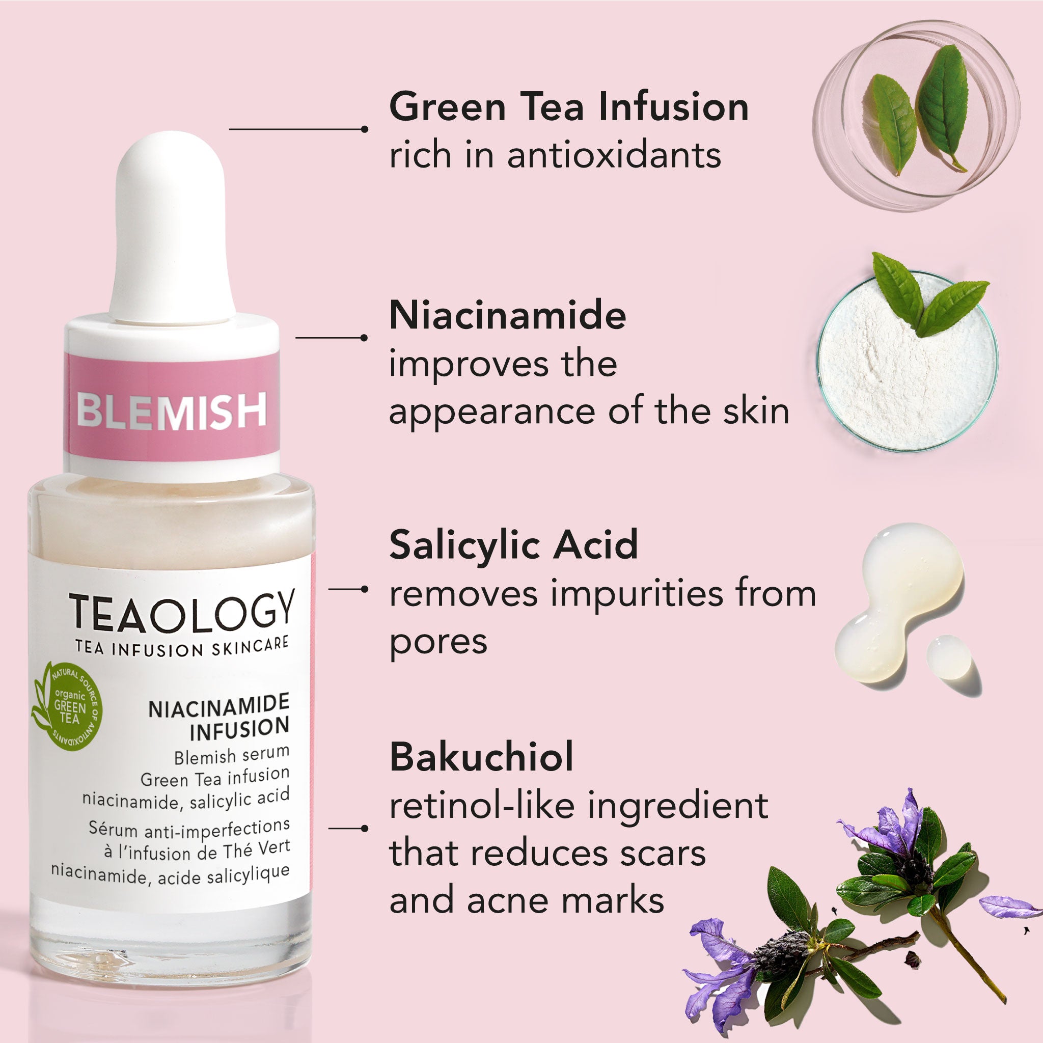 Siero anti-imperfezioni con infuso di tè verde, niacinamide, acido salicilico, bakuchiol