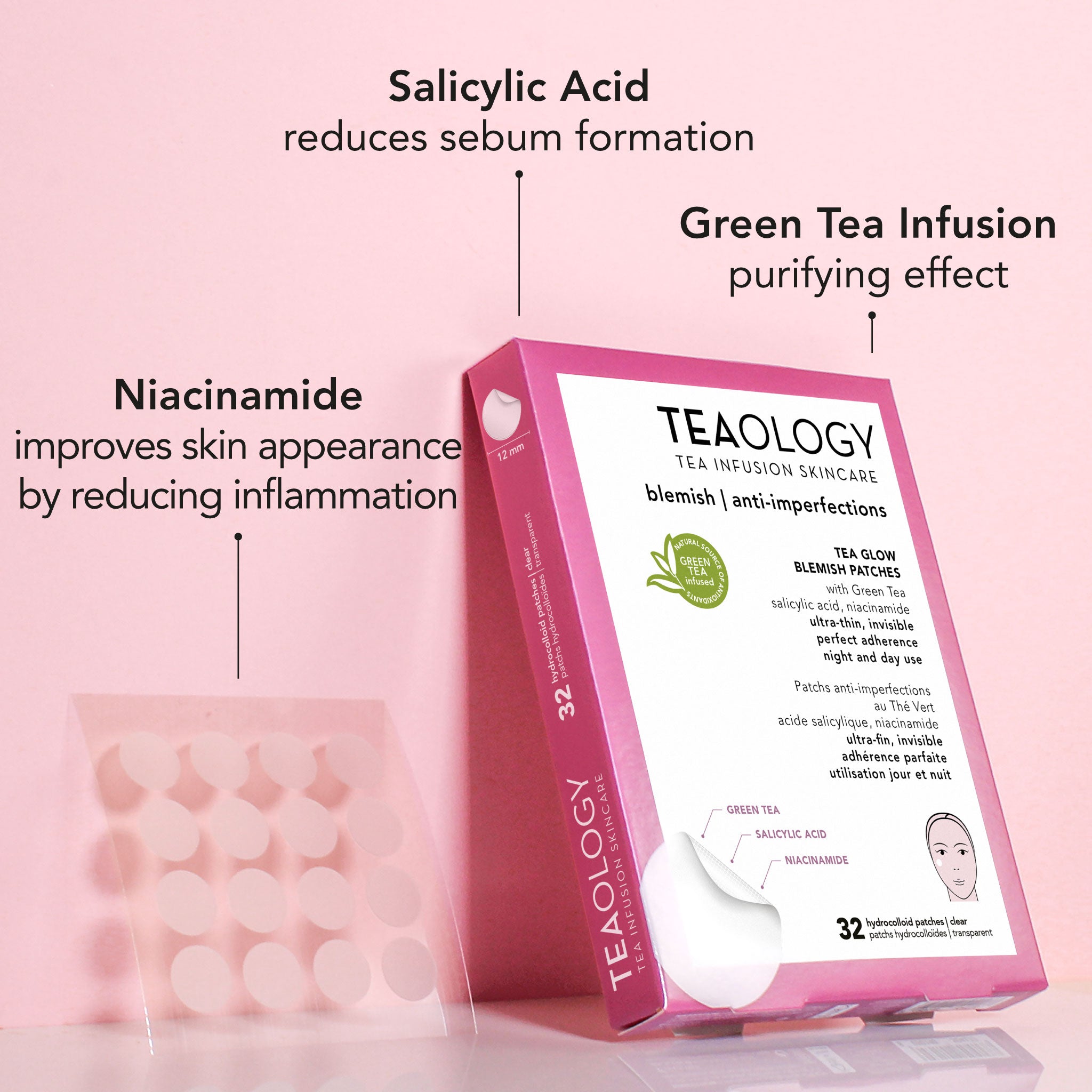 Tea Glow patch idrocolloidali anti-imperfezioni, anti-brufoli con tè verde, acido salicilico, niacinamide