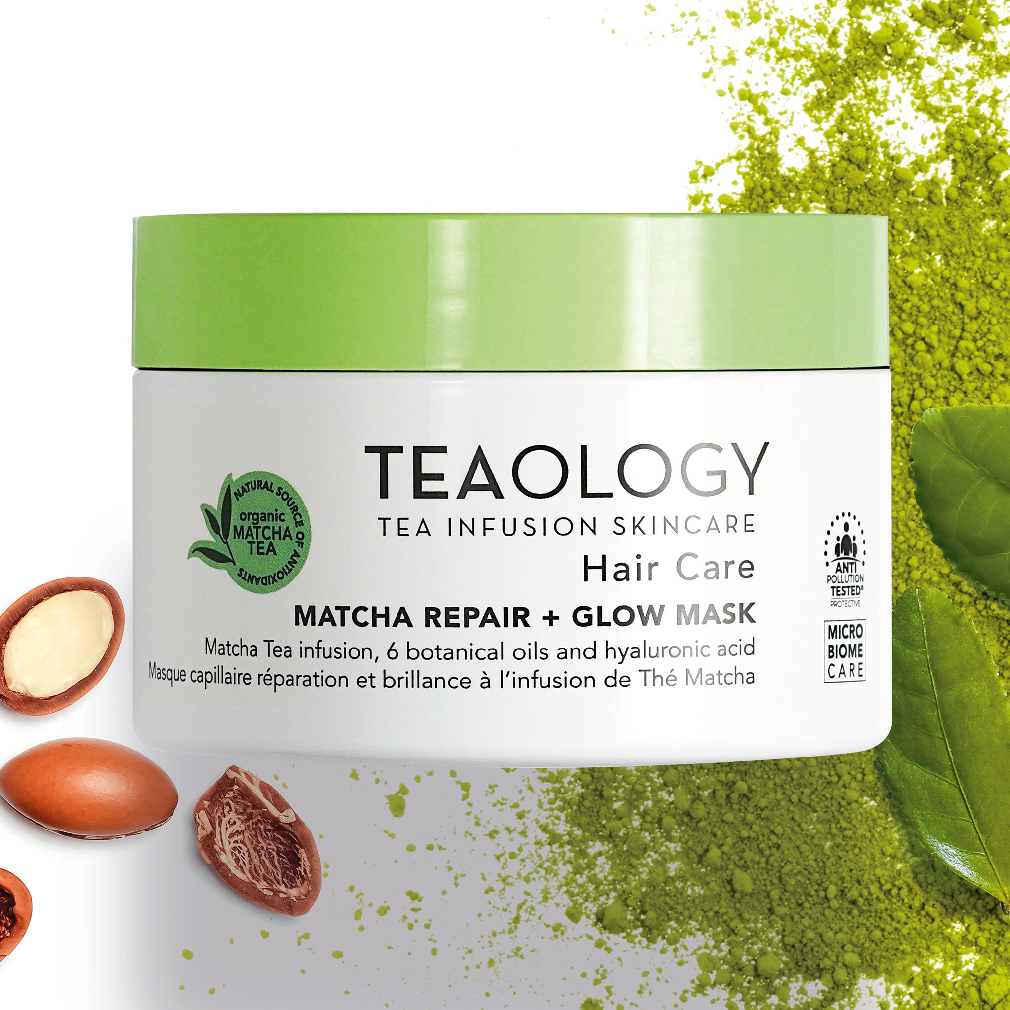 Maschera capelli ristrutturante e illuminante con infuso di tè matcha, 6 oli vegetali e acido ialuronico