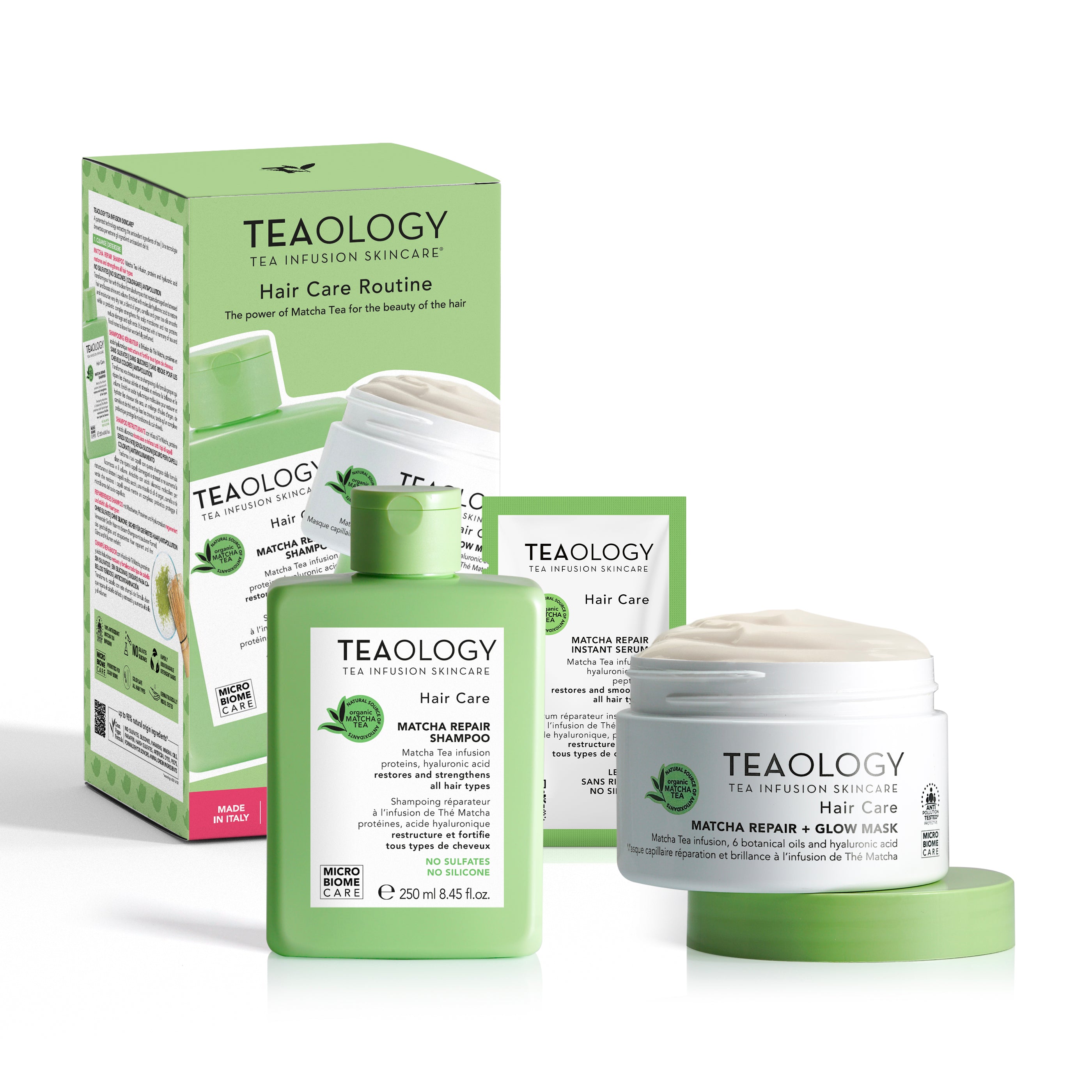 Cofanetto haircare routine contenente Shampoo ristrutturante con Infuso di Tè Matcha | Formato Vendita 250 ml
Shampoo ristrutturante&nbsp;con infuso di tè matcha, acido ialuronico e proteine vegetali


Maschera Capelli ristrutturante con Infuso di Tè Matcha | Formato Vendita 200 ml
Maschera capelli ristrutturante e illuminante&nbsp;con infuso di tè matcha, 6 oli vegetali e acido ialuronico