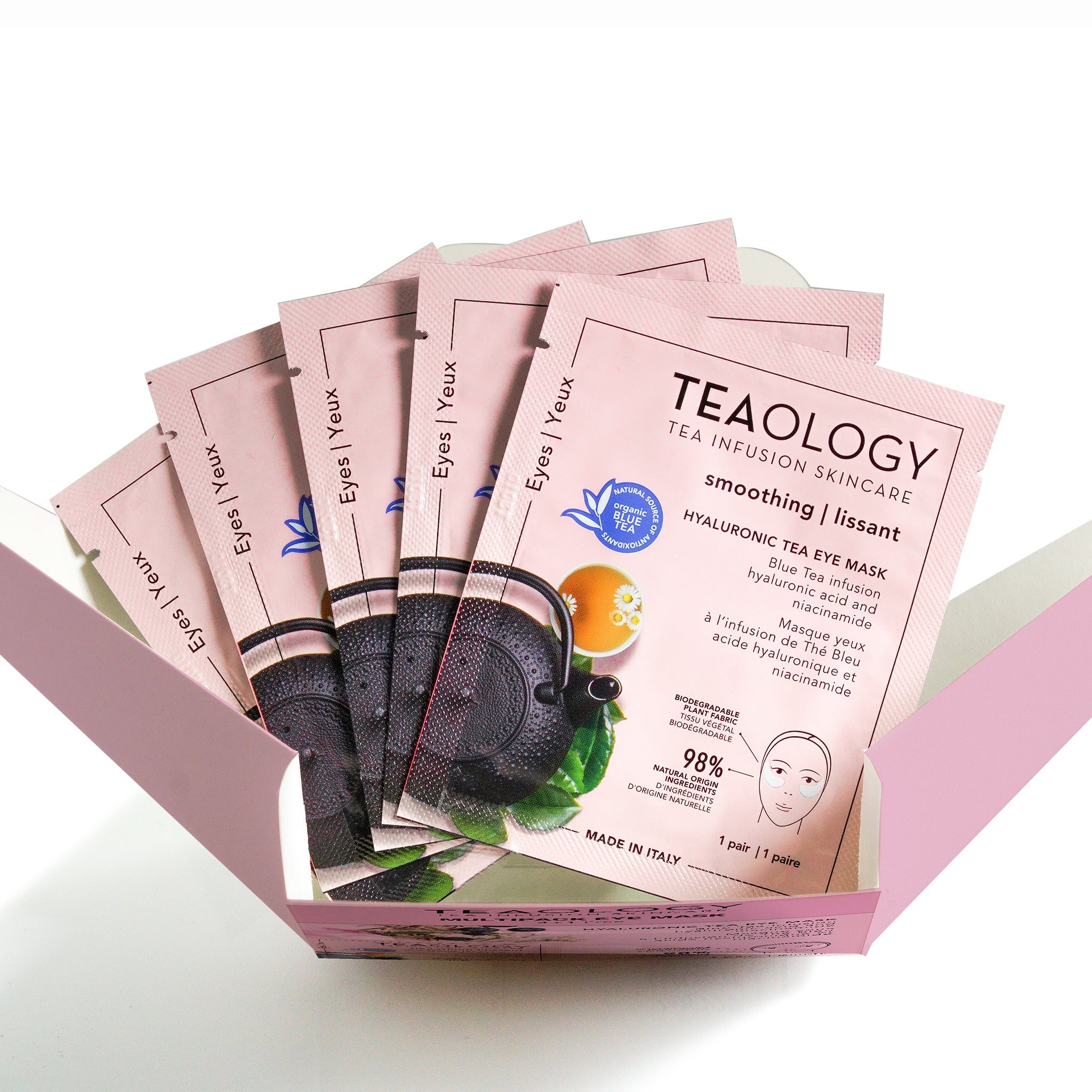Maschera occhi idratante, anti-fatica con infuso di Tè Blu bio, acido ialuronico e niacinamide levigante, anti-borse, anti-occhiaie.