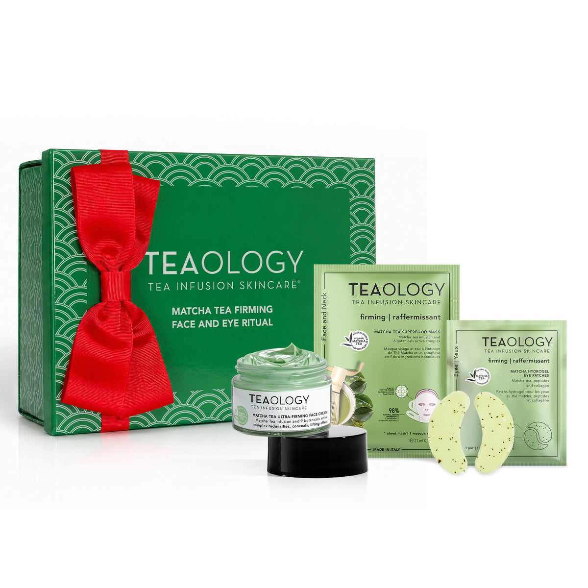 Prodotti inclusi nel Matcha Tea Firming Ritual: Matcha Ultra Firming Face Cream, Matcha Superfood Face and Neck Mask e Matcha Hydrogel Eye Patch
