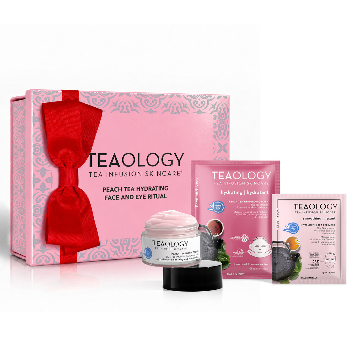Prodotti inclusi nel Peach Tea Hydrating Ritual: Peach Tea Hydra Cream, Peach Tea Face and Neck Mask e Hyaluronic Tea Eye Mask