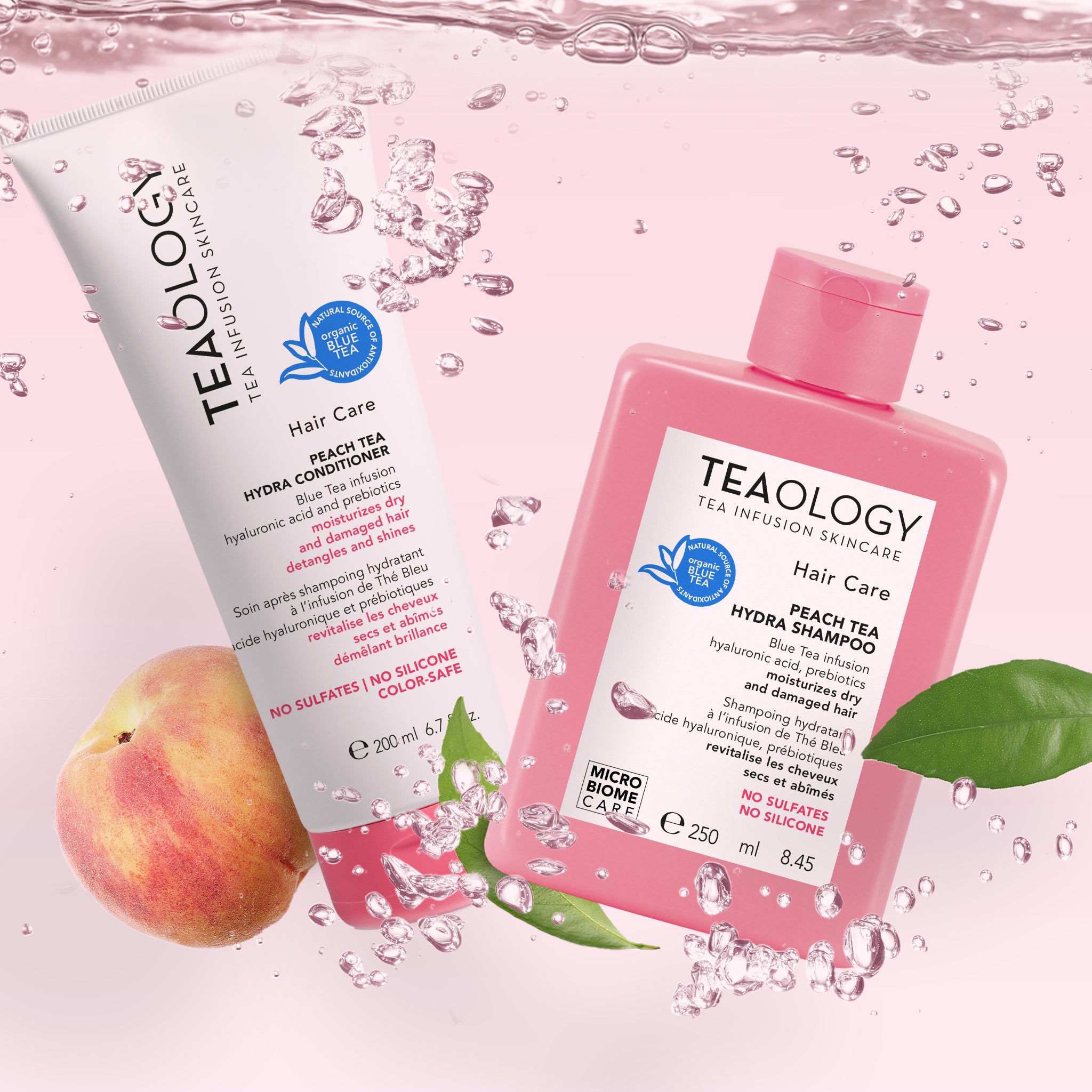 Peach Tea Balsamo idratante e shampoo con infuso di tè blu, acido ialuronico e prebiotici 