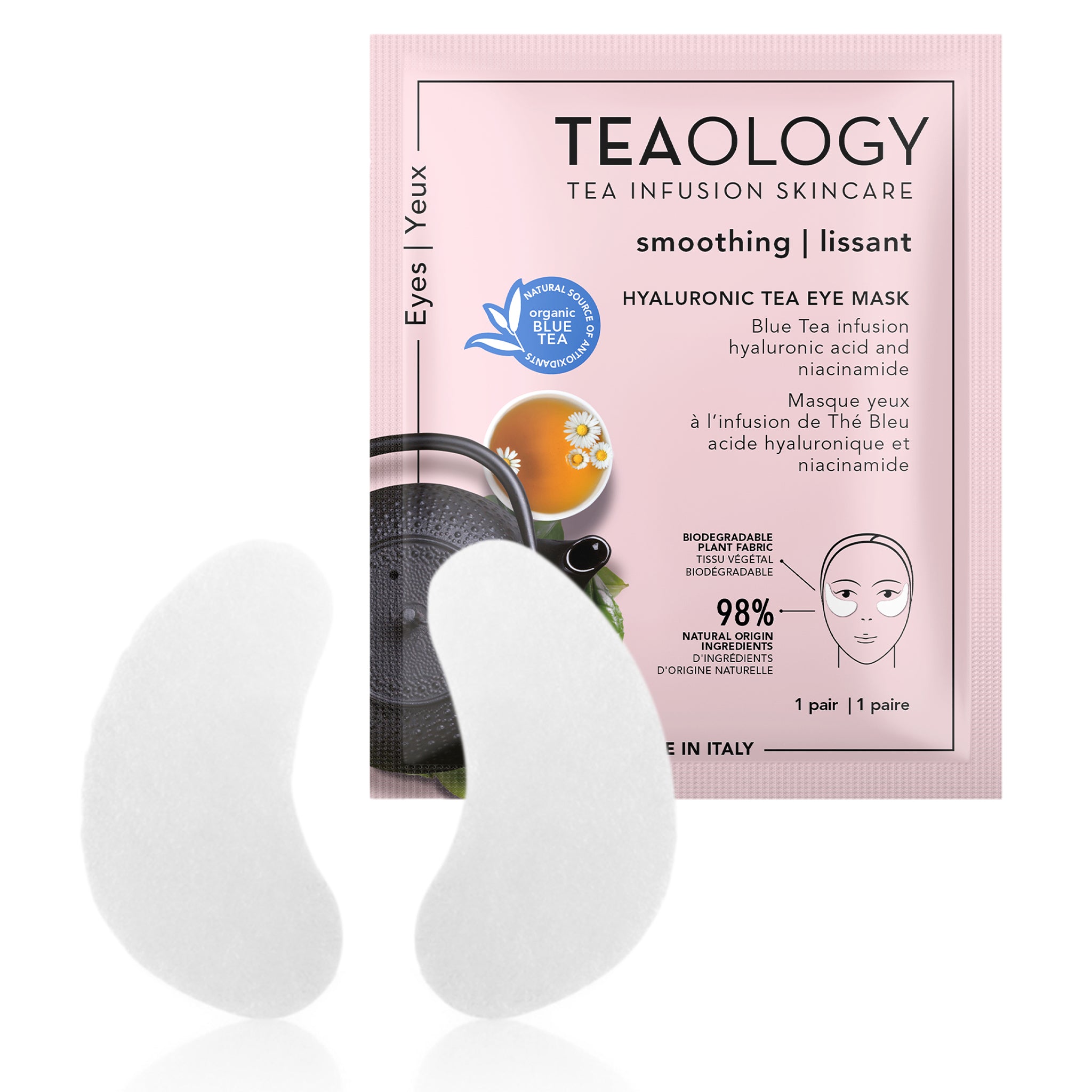 Maschera occhi idratante, anti-fatica con infuso di Tè Blu bio, acido ialuronico e niacinamide levigante, anti-borse, anti-occhiaie.