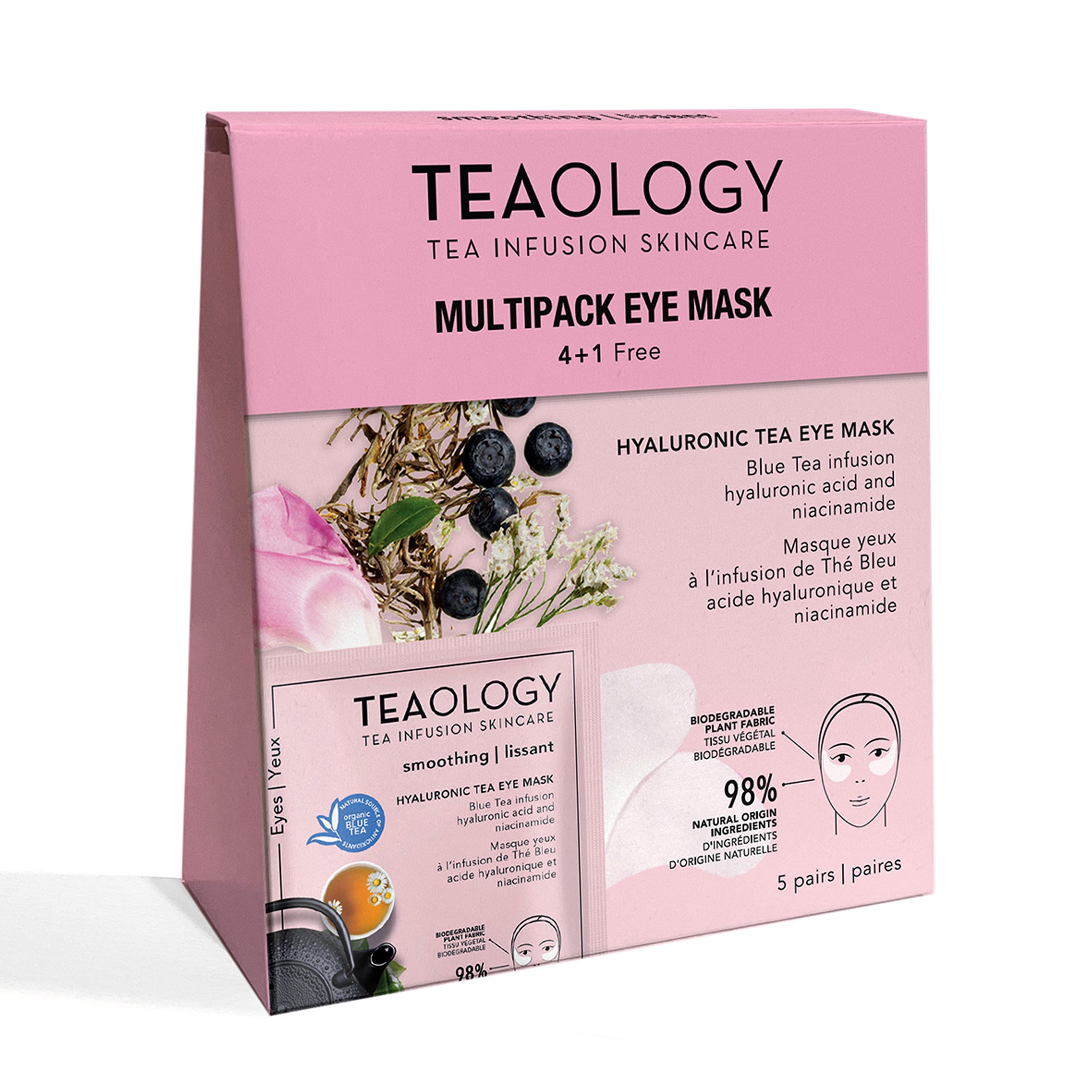 Maschera occhi idratante, anti-fatica con infuso di Tè Blu bio, acido ialuronico e niacinamide levigante, anti-borse, anti-occhiaie. - confezione multipack 4+1 free